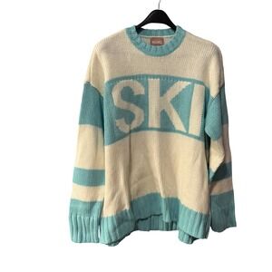 Show Me Your Mumu Aspen Ski Sweater Blue Cream Striped Chunky Knit XS oversized